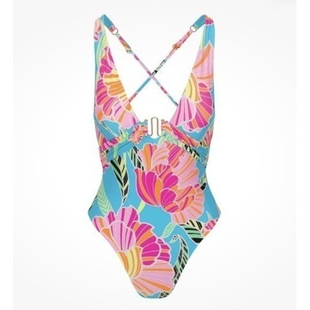 NWT Trina Turk Tropical Poppy Belted Plunge One Piece Swimsuit Women 12 China